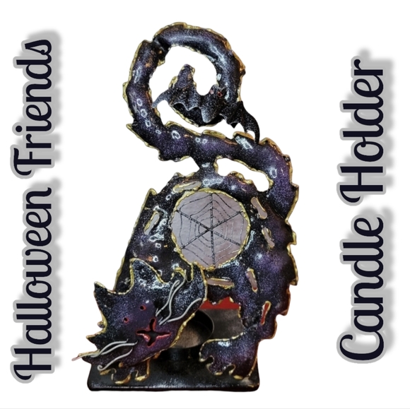 Vtg Halloween Candle End Up Metal Enamel Artwork Sculpture Cat Bat Spider Web